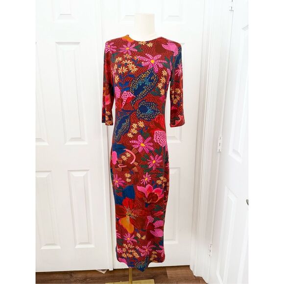 Farm Rio Womens Multicolor Snake Garden 3/4 Sleeves Jersey Midi Dress Small